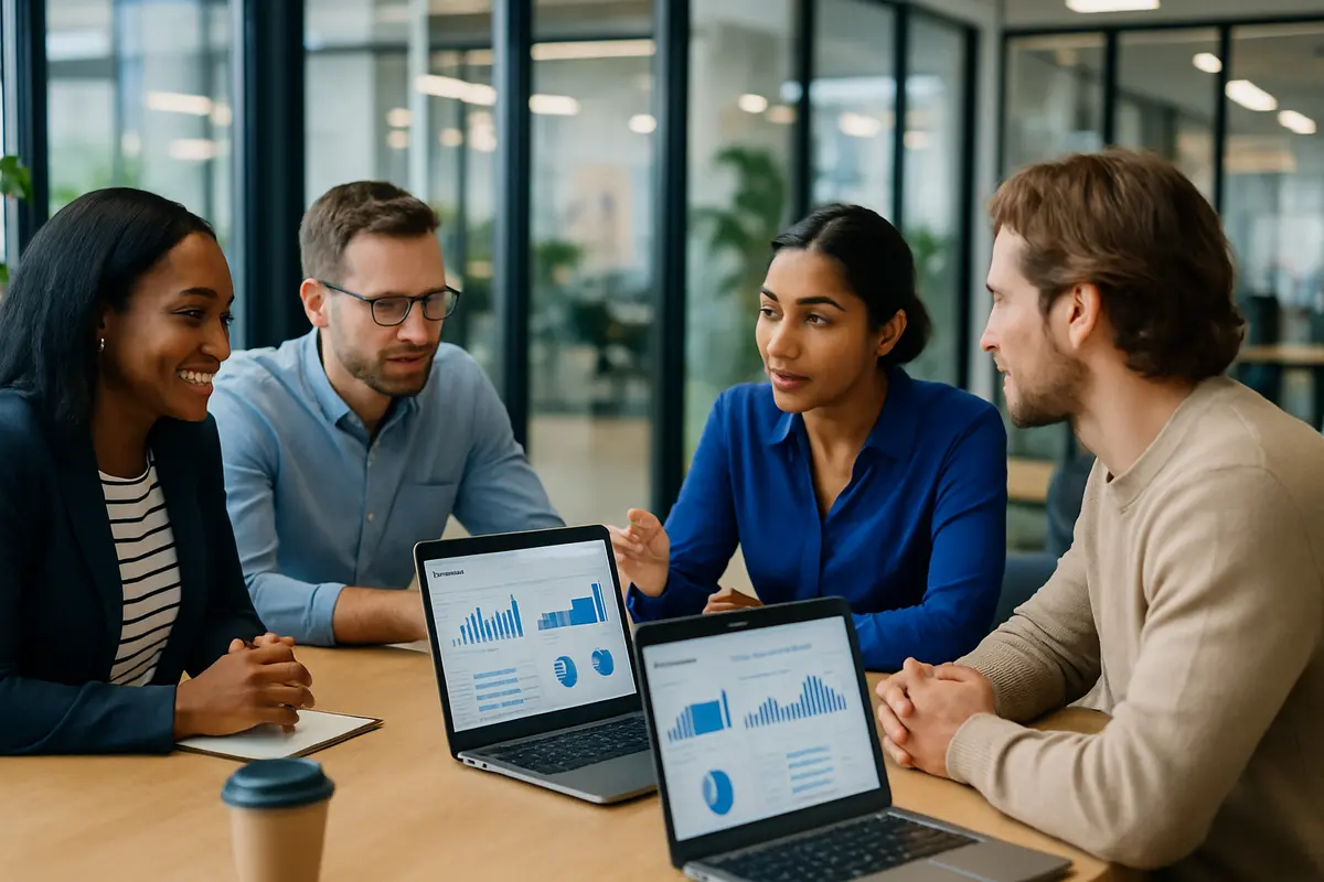 Team collaborating in a modern office reviewing sales and lead data on dashboards
