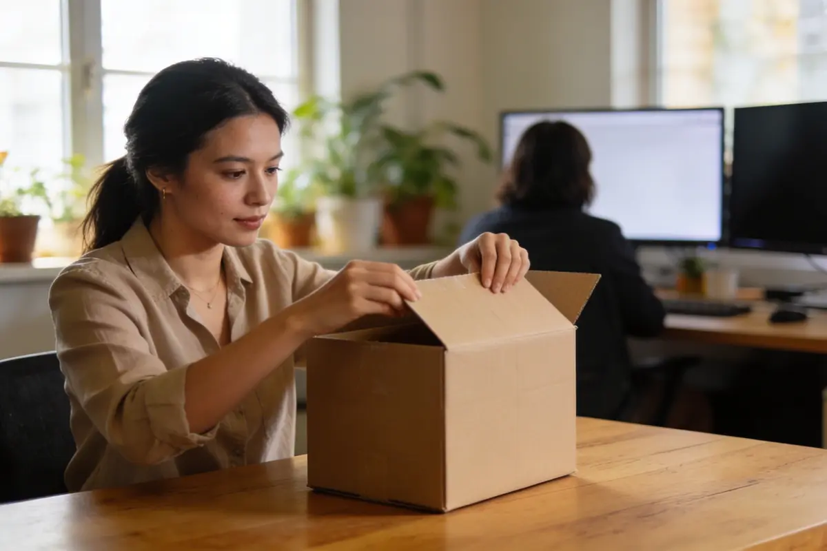An entrepreneur unpacking a shipping box at her desk in a bright home office