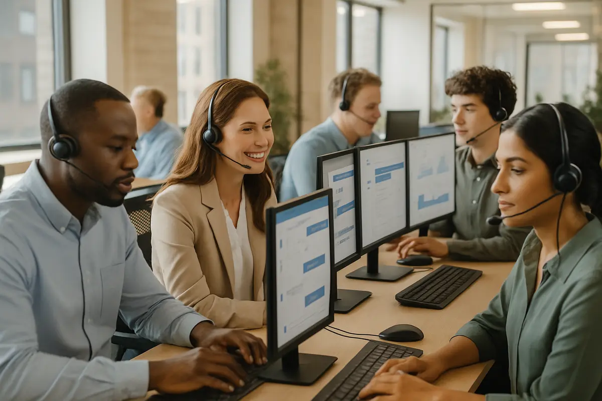 A modern customer support team working with AI-powered dashboards and chat interfaces in a bright open-plan office