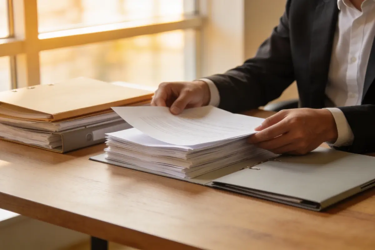 A business professional organising documents at a modern desk with warm natural lighting