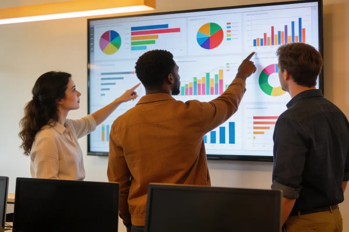 A team reviewing chatbot analytics on a large display in a bright modern office