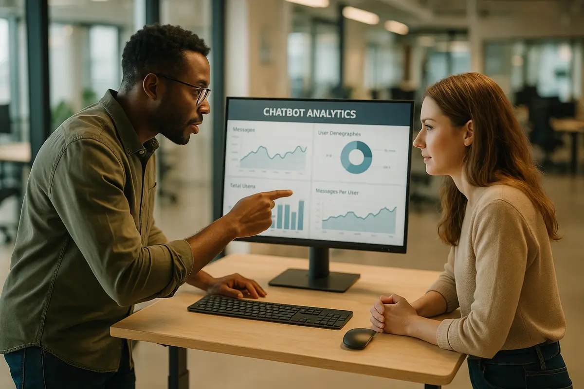 Two colleagues reviewing chatbot analytics on a monitor in a modern open-plan office with bright natural lighting and a collaborative atmosphere