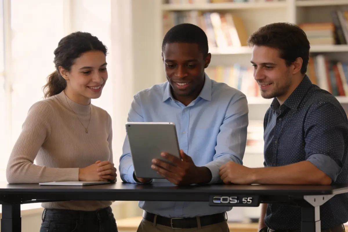 A diverse team of colleagues collaborating around a standing desk in a modern office