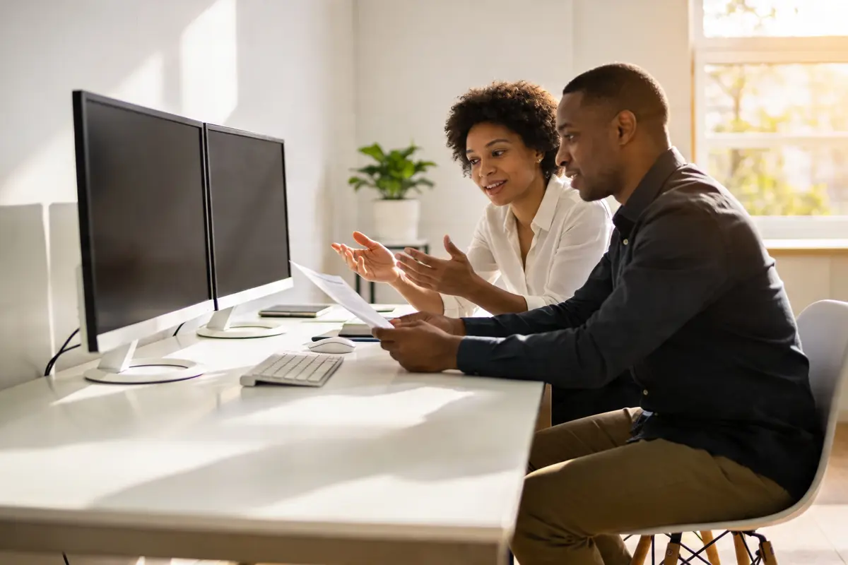 Agency team reviewing a client chatbot rollout in a bright modern studio, laptops angled away from camera, collaborative planning session