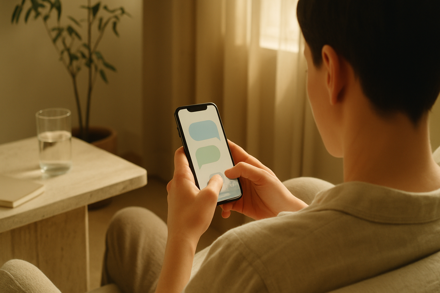 Patient in a clinic waiting area scanning a small framed QR code on the reception counter to chat with the practice's AI assistant