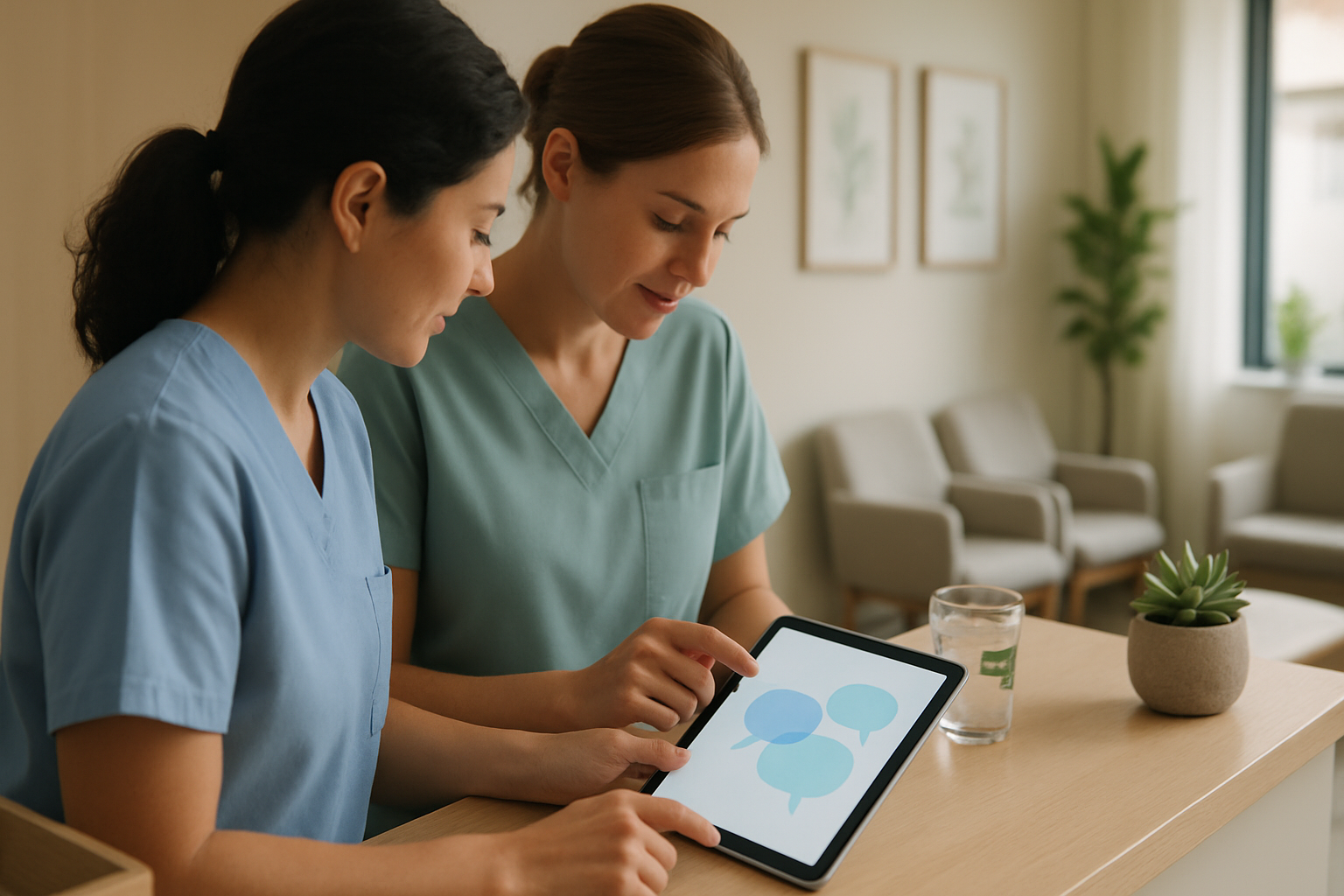 Dental practice front desk with the team smiling at a tablet showing a patient chat conversation