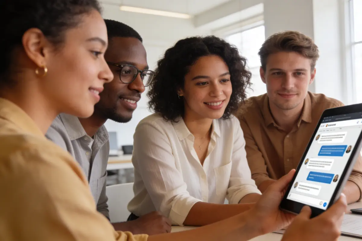A small business team reviewing website chatbot performance in a bright office
