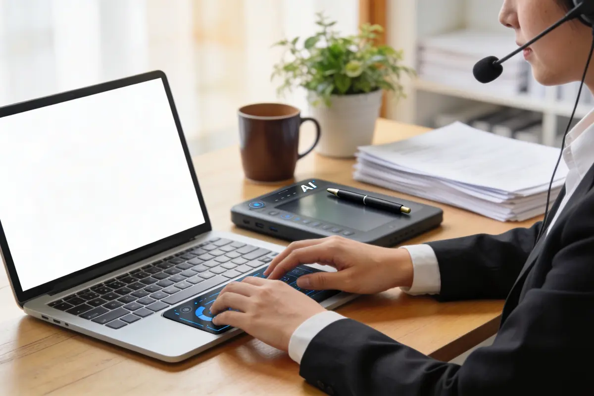 A customer support specialist using an AI-assisted workflow at a tidy desk