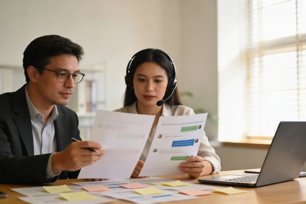 A business owner and support manager reviewing chatbot options in a bright modern office