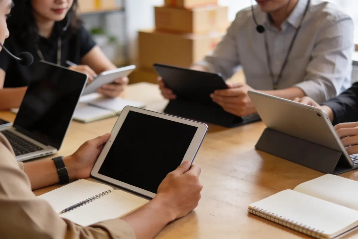 An ecommerce operations team planning AI customer support in a bright collaborative workspace