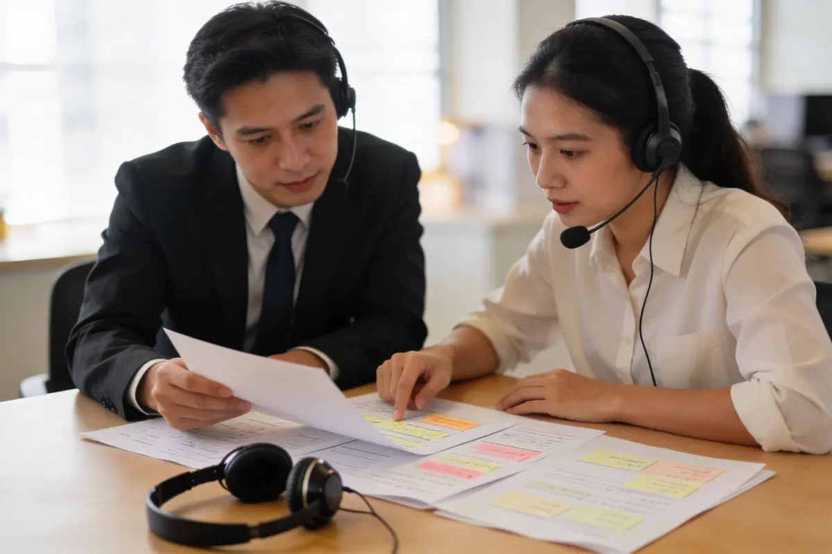 Support manager reviewing customer service planning documents with a colleague in a bright modern office