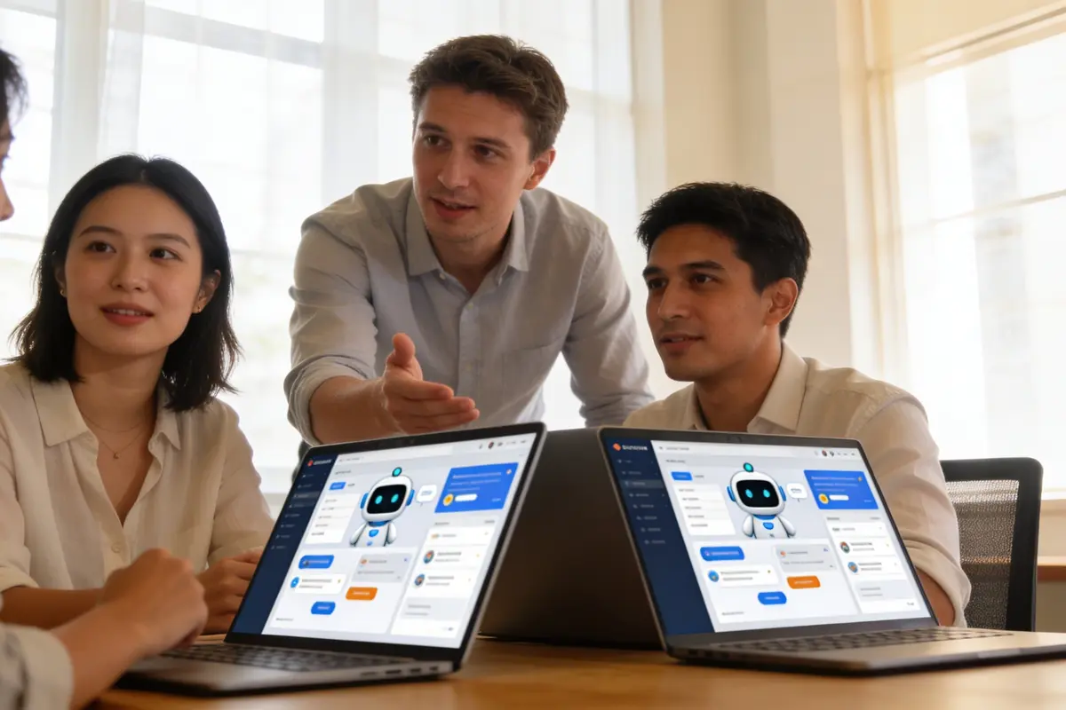 Marketing team reviewing website chatbot options on a laptop in a bright office, with discussion focused on lead capture and support automation
