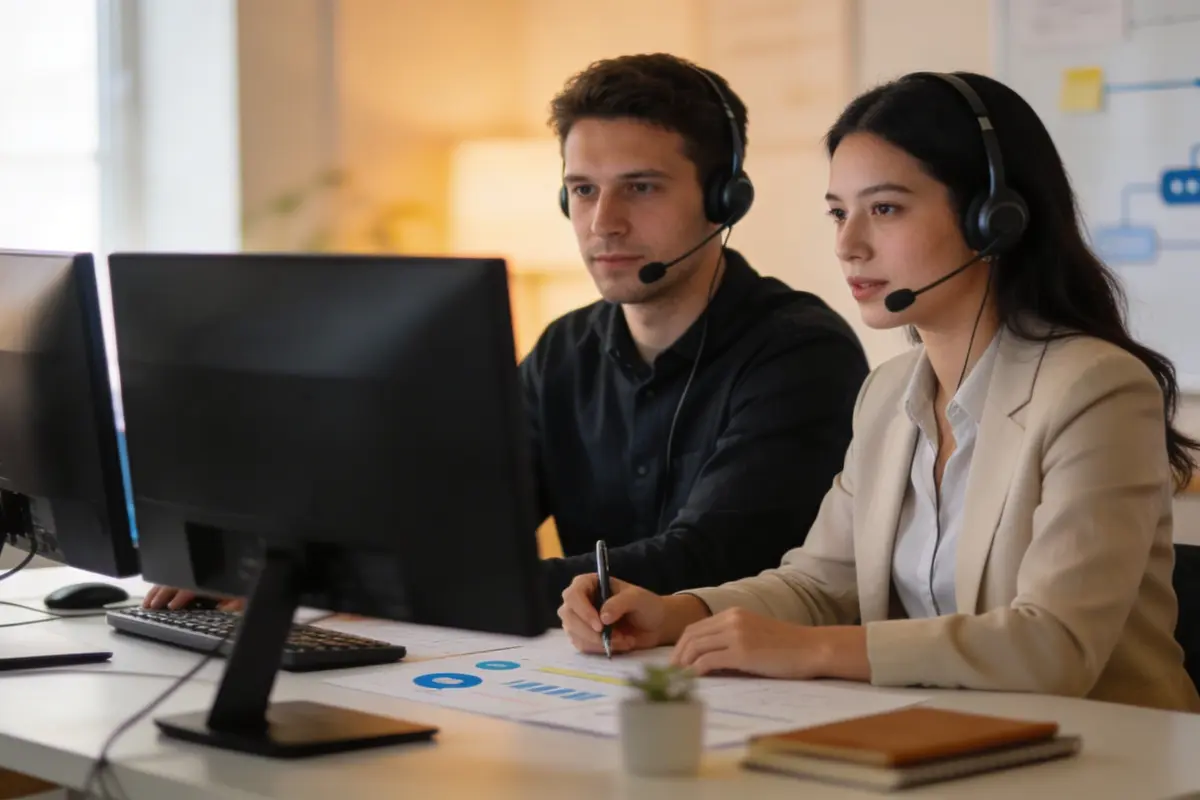 Customer support manager and developer planning chatbot workflow automation at a modern desk, with screens angled away and no visible text
