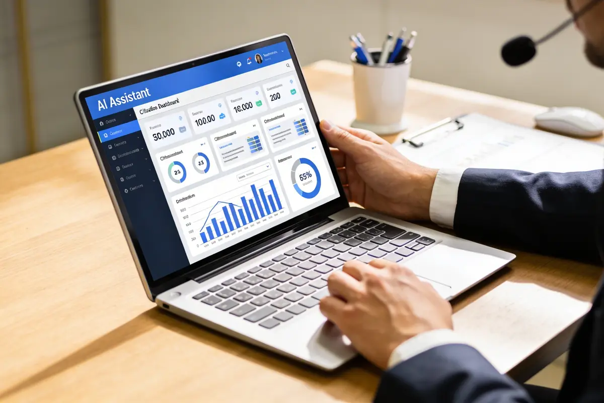 Support manager testing an AI assistant that cites knowledge sources on a laptop dashboard