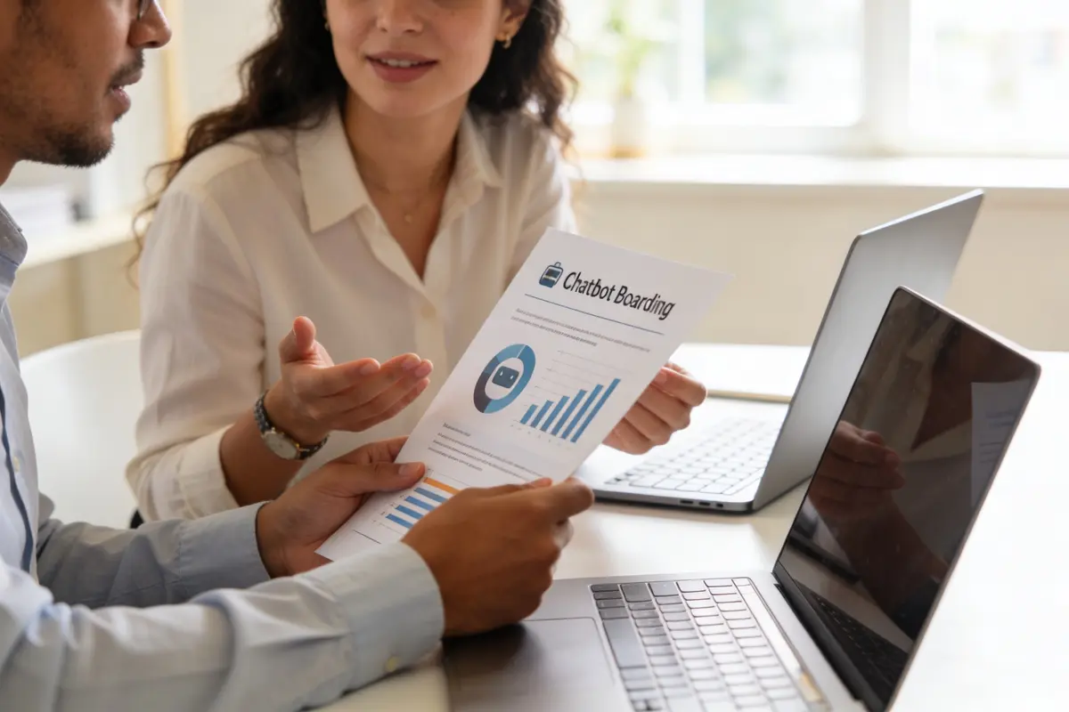 Agency strategist reviewing chatbot onboarding documents with a client in a bright modern meeting room, laptops angled away from camera, natural window light, no visible text