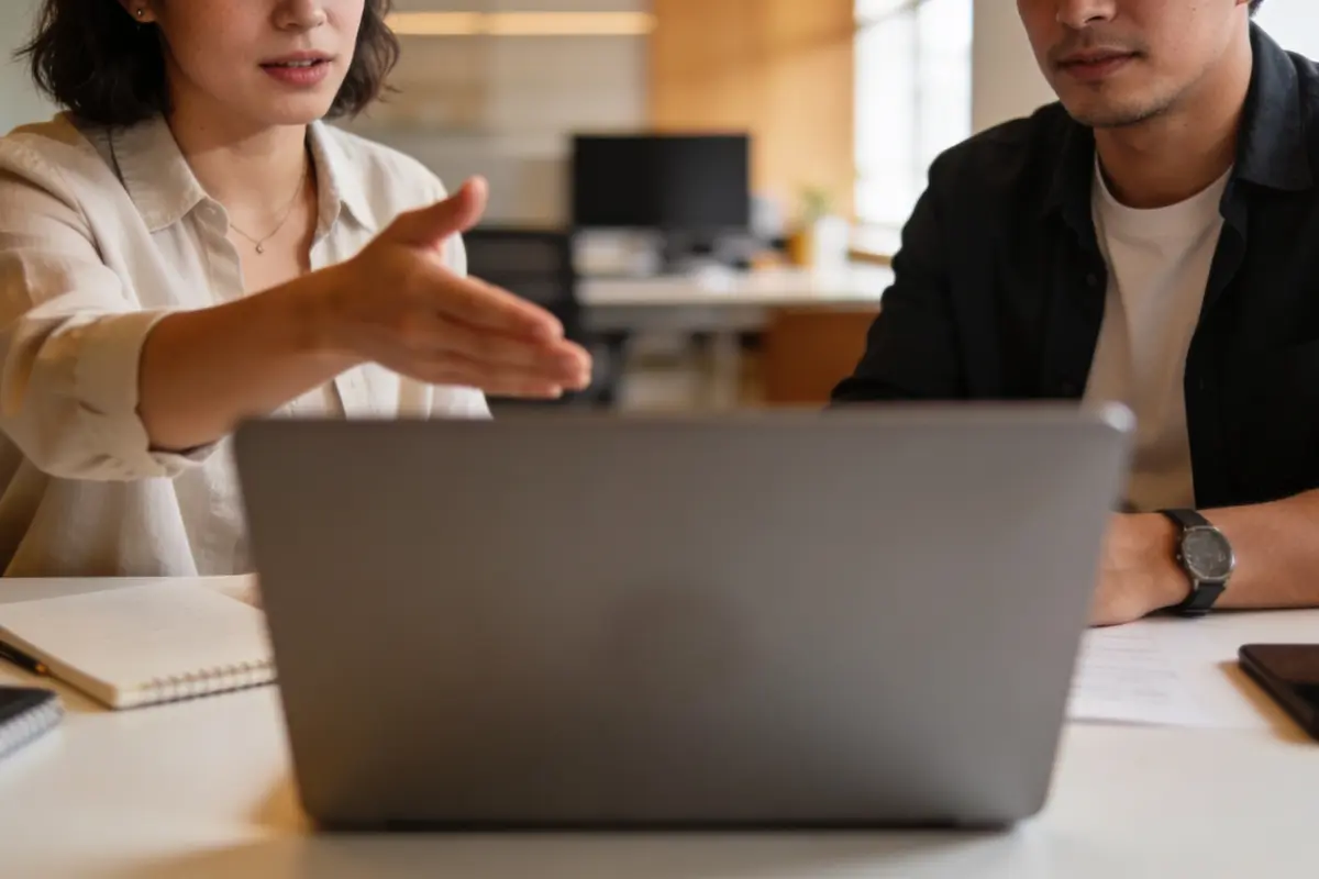 Two agency team members analysing chatbot conversation performance together in a clean office, warm natural light, shallow depth of field, screens facing away, no visible text