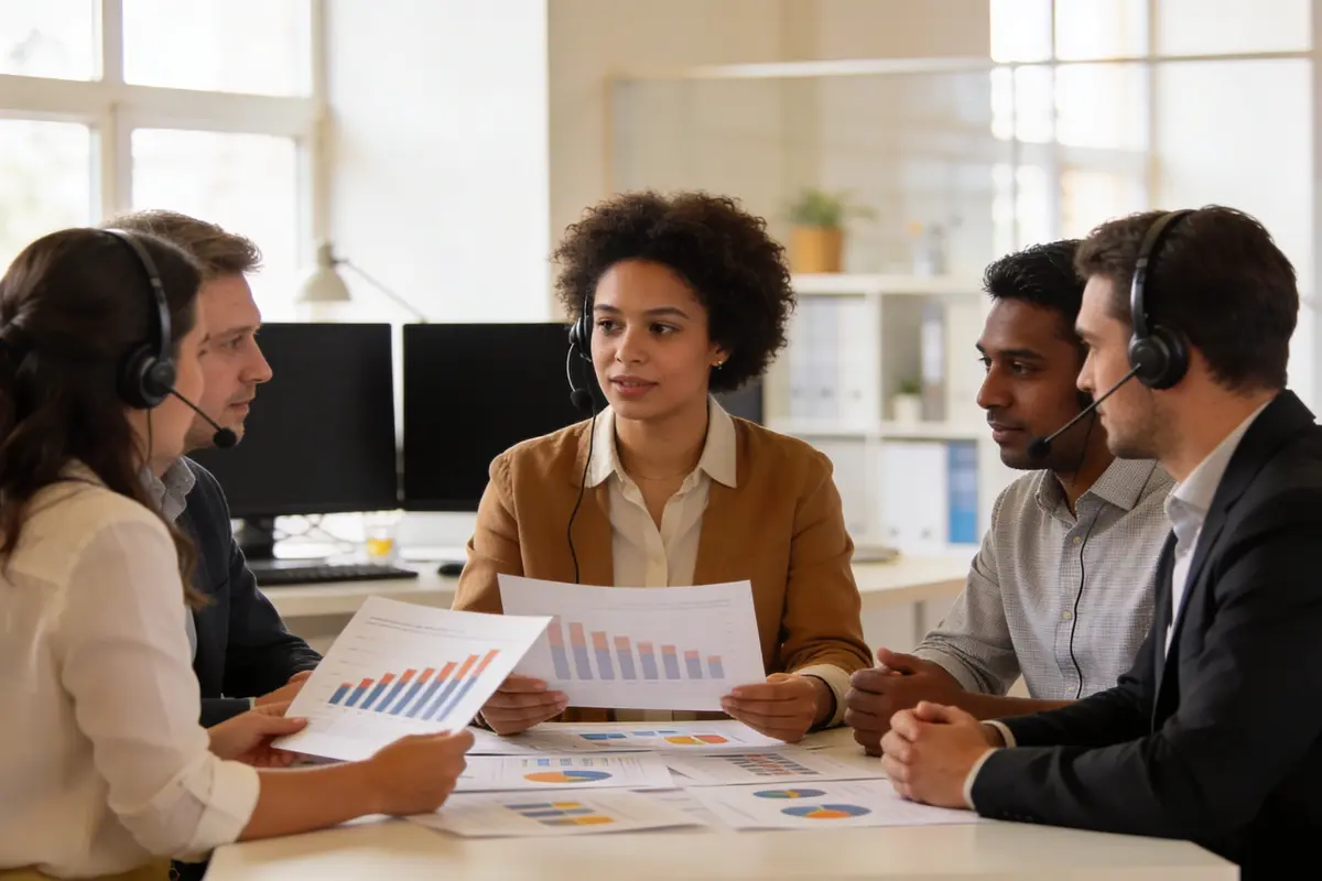 Support and operations team reviewing chatbot performance metrics in a modern office