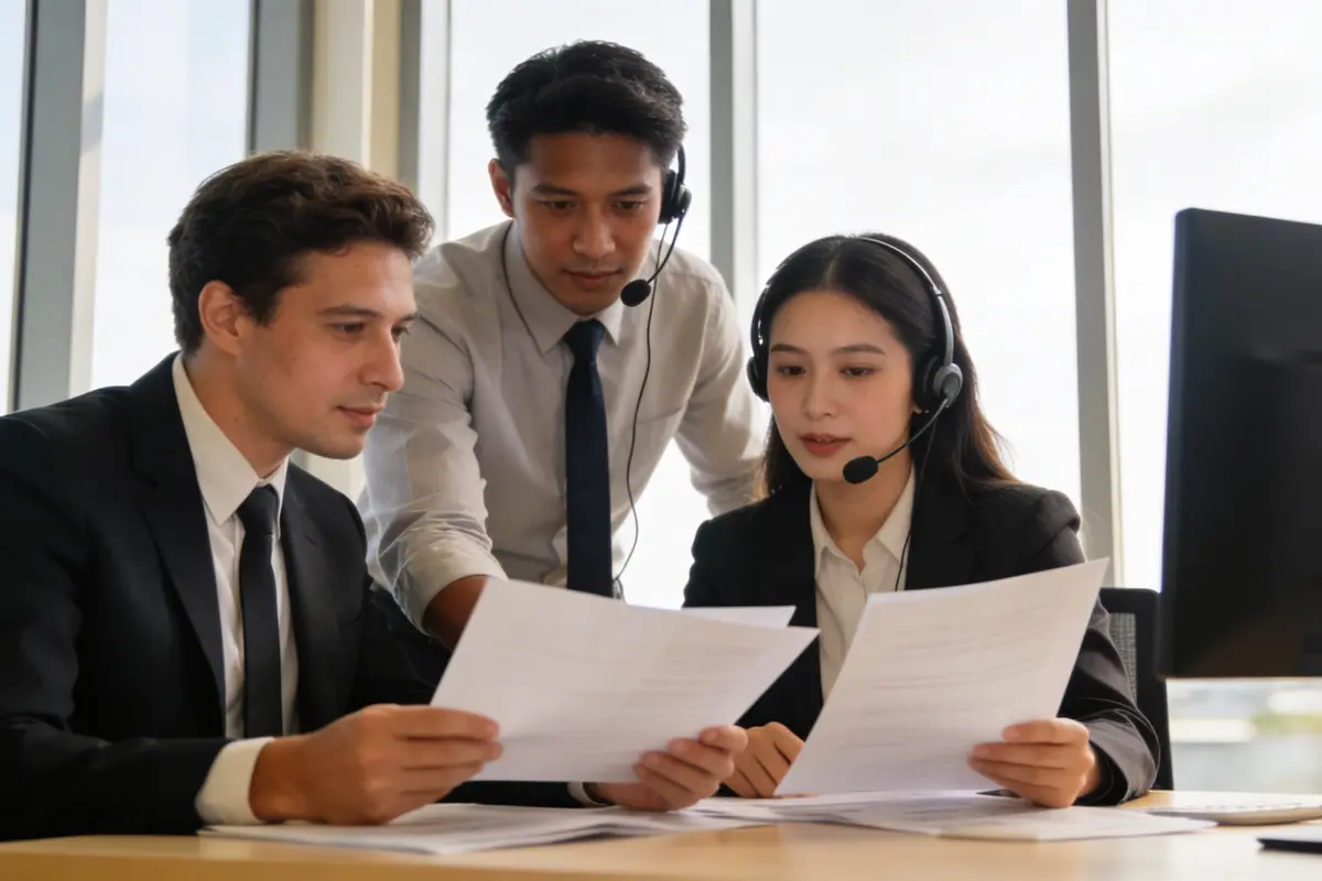 Compliance and customer support teams reviewing privacy documentation together in a bright office