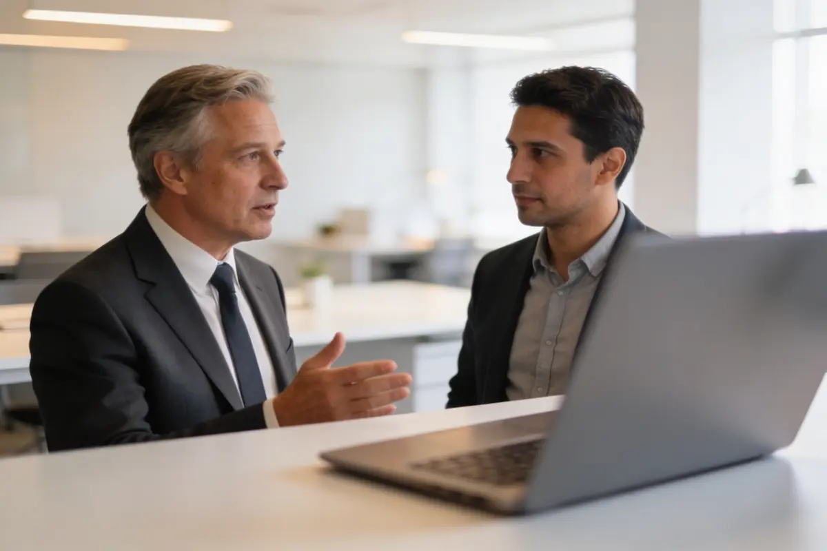 Business and IT leaders discussing AI chatbot privacy controls in a modern workspace