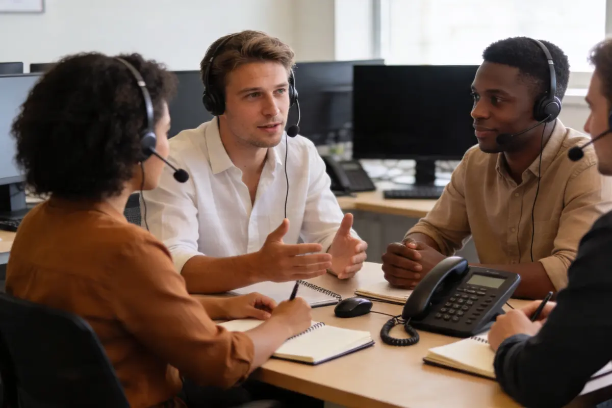 Customer support and sales team discussing how to handle enquiries in a small business workspace