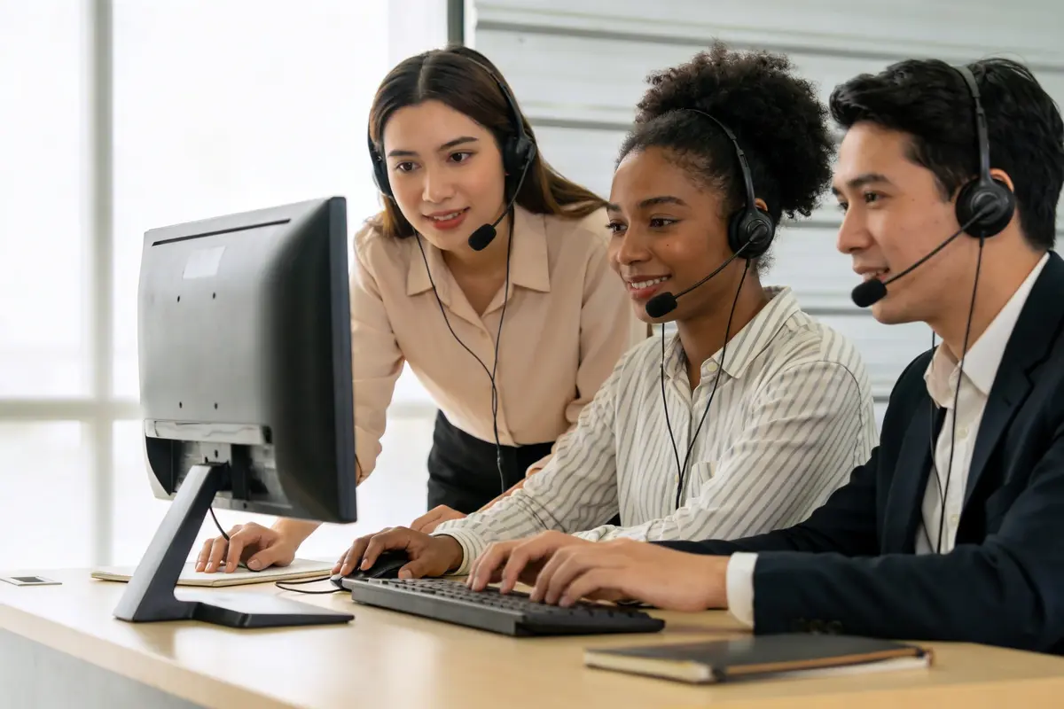 Small business team reviewing customer chats together in a bright modern office