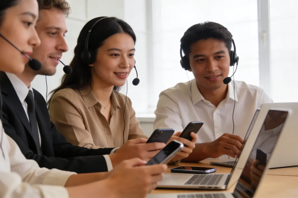 Customer support and sales teams collaborating across channels in a modern office