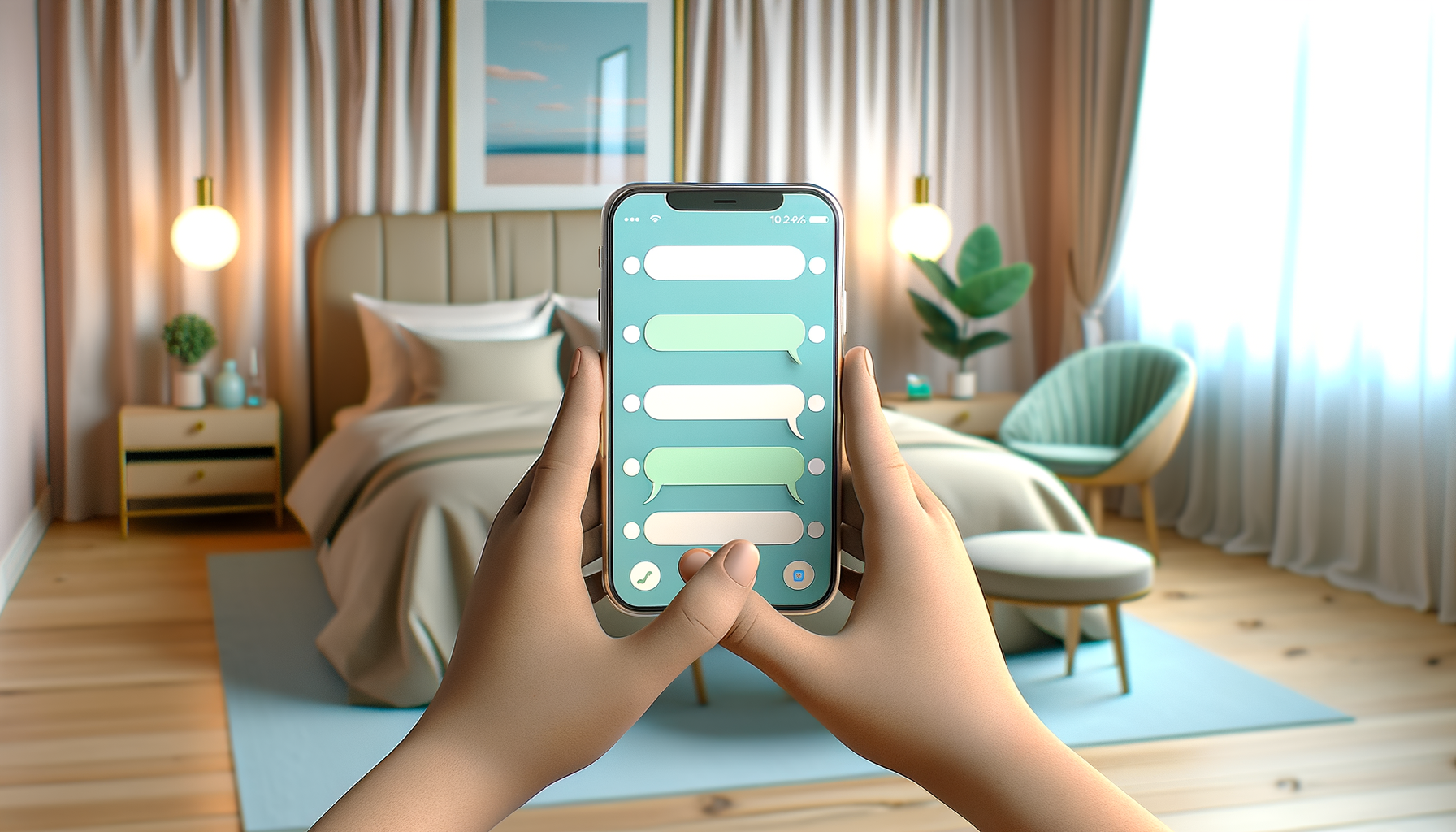Guest using AI chatbot on smartphone inside an Airbnb-style bedroom