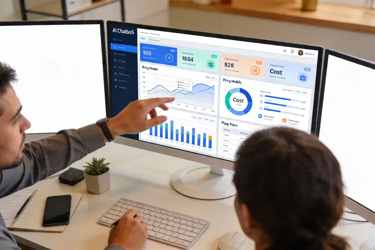 A technical product team reviewing usage dashboards and chatbot infrastructure planning in a modern office, realistic style, no visible text