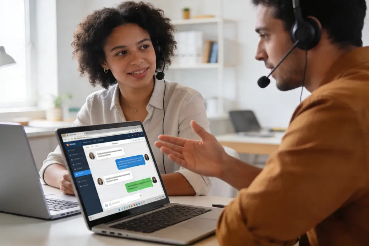 Finance and support leaders reviewing chatbot pricing charts and software plans in a bright meeting room, with no readable text on screens