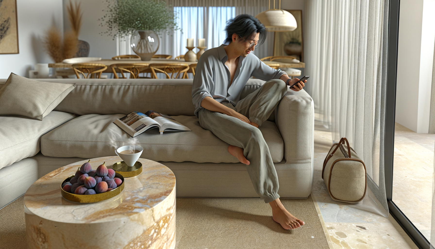 Guest relaxing on sofa using a chatbot conversation in their Airbnb rental