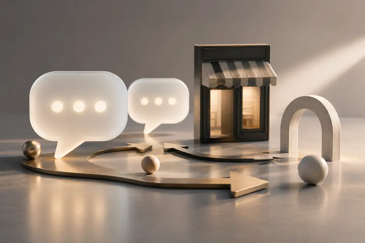 An abstract editorial still life showing speech-bubble lights, pathways and a miniature storefront to represent smoother website journeys, with no visible text