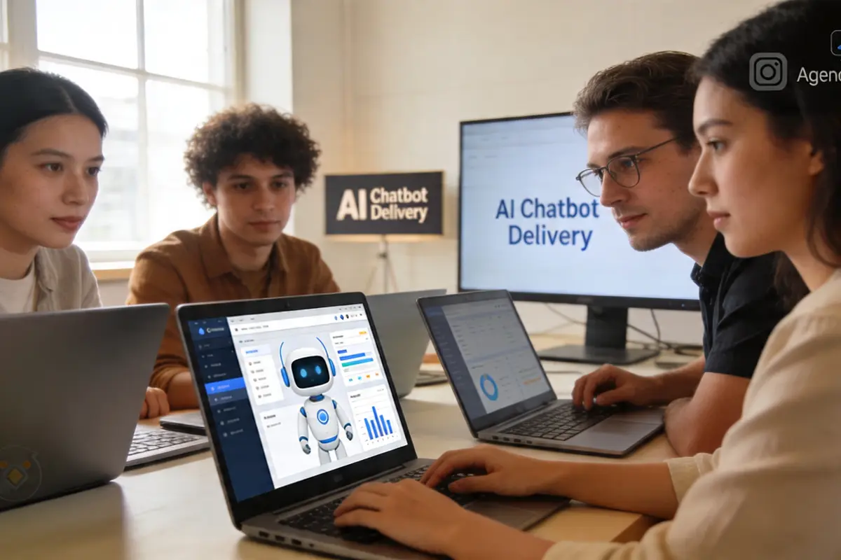 Agency team reviewing chatbot delivery workflows on laptops in a bright modern studio, natural light, collaborative planning, no visible text