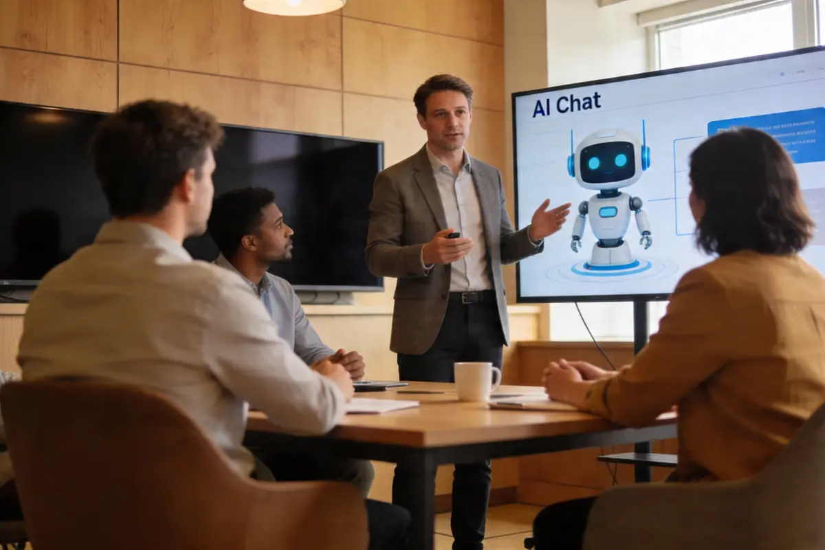 Consultant presenting AI chatbot strategy to a small business team in a stylish meeting room, warm daylight, shallow depth of field, no visible text