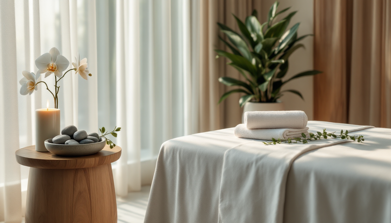 A calm, softly-lit spa treatment room styled and ready for a client