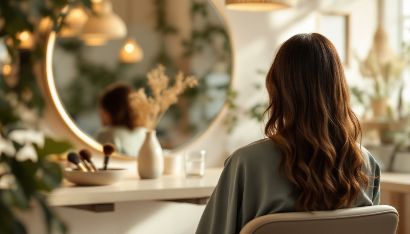 A client relaxing in a styling chair facing the mirror in a modern hair salon
