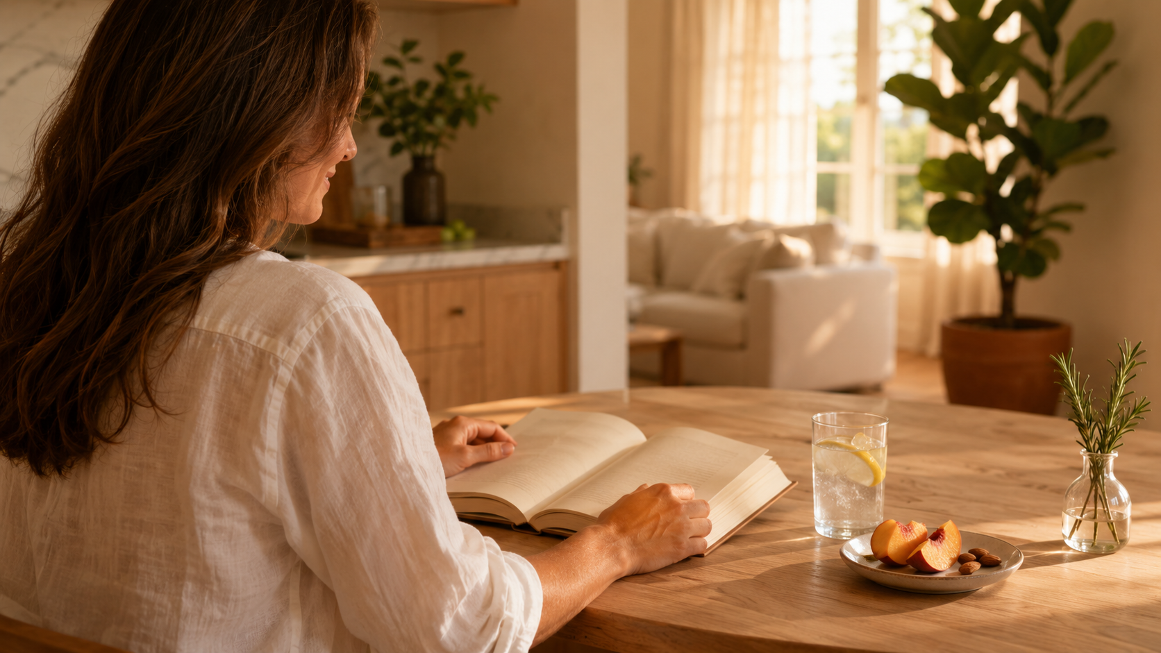 A wellness or business coach sitting cross-legged on a soft armchair in a warm naturally-lit studio holding a smartphone showing a chat conversation, with a printed workbook and a cup of tea on a side table