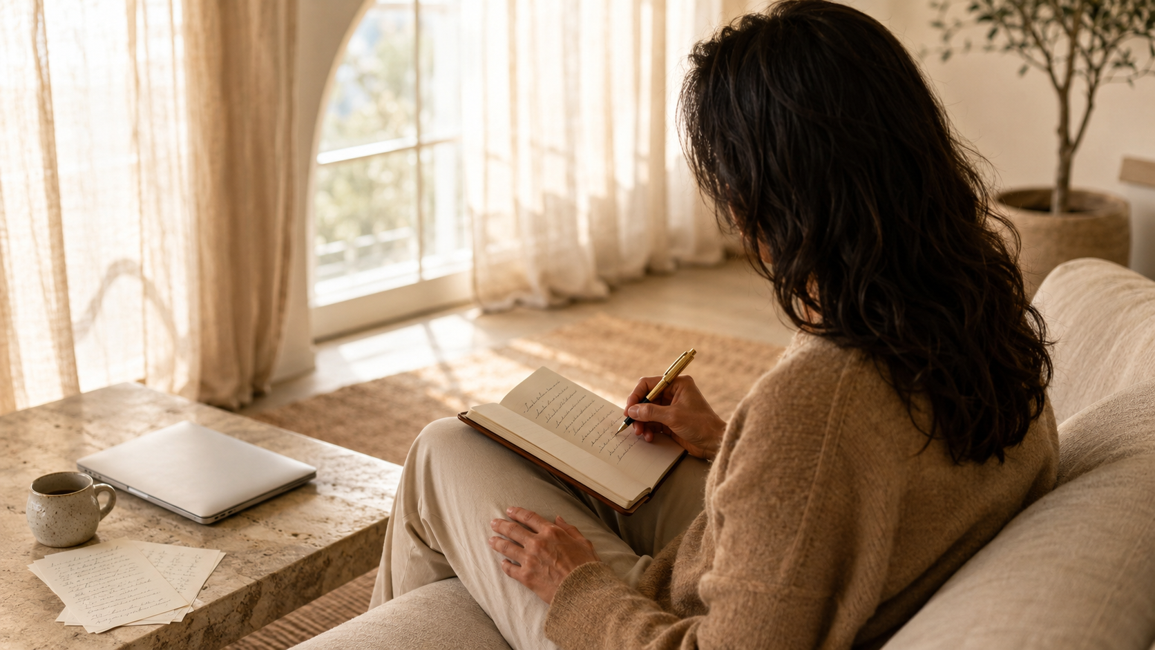A business coach in a bright home office reviewing prospect conversations on a laptop with her smartphone open beside it showing a chat interface