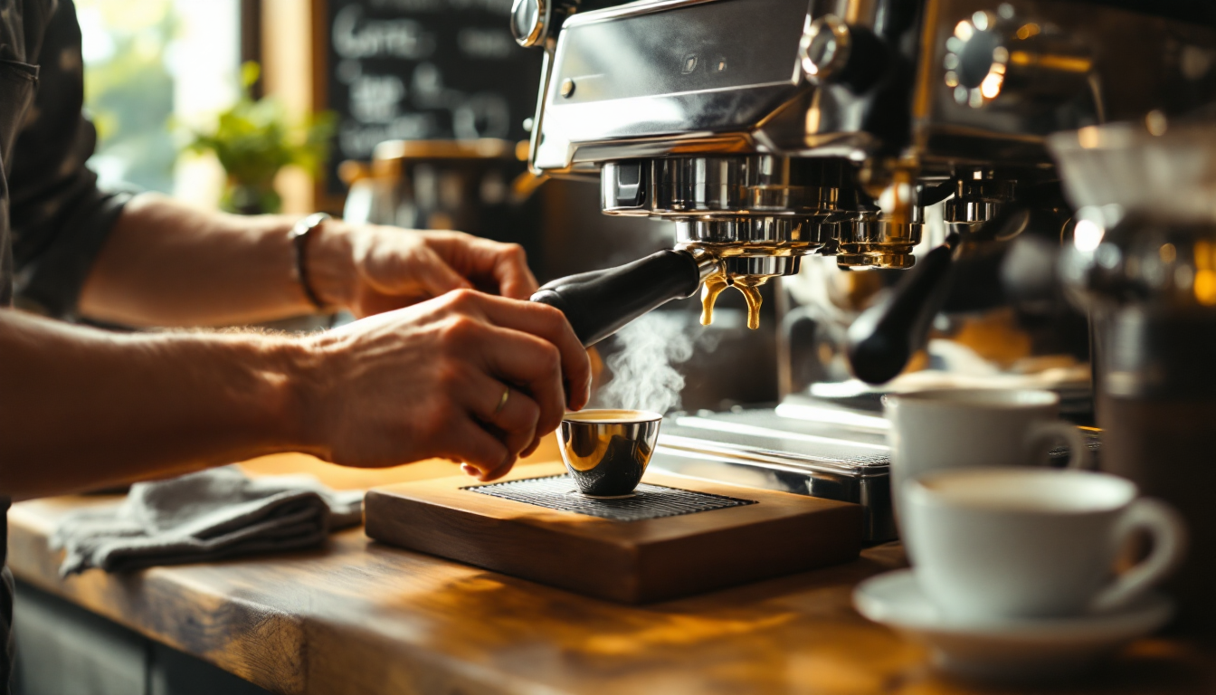 Barista preparing espresso at the counter of a cozy independent coffee shop