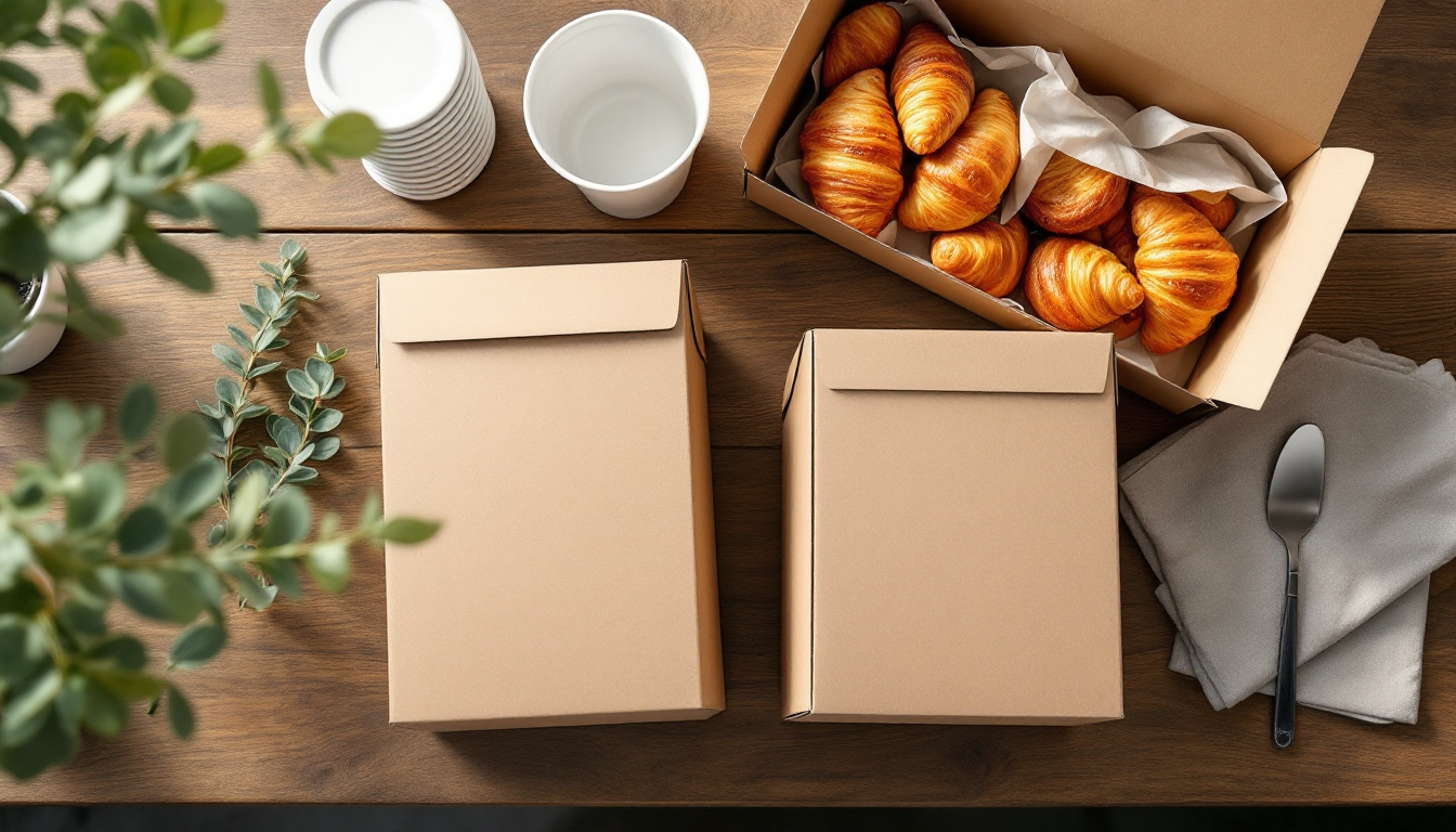A coffee shop catering order of coffee boxes and pastries laid out for pickup