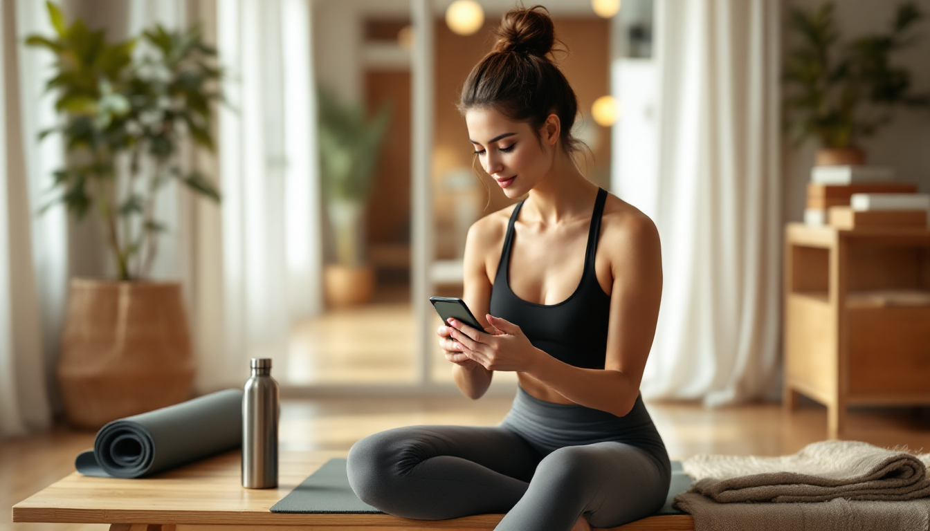 Member sitting on a bench in a yoga studio booking a class on her phone through the chatbot