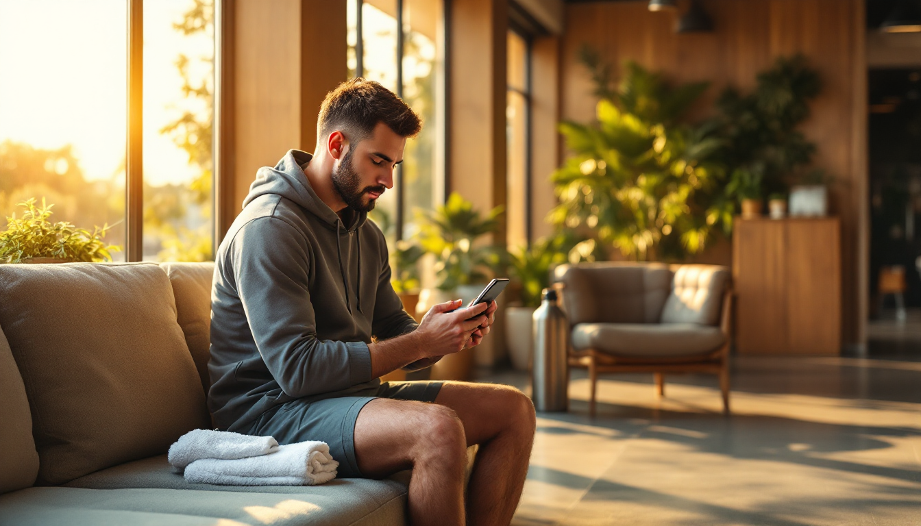Gym member relaxing in a post-workout lounge area, messaging the gym's AI assistant on their smartphone