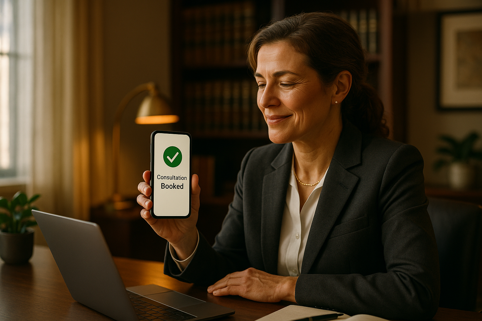A prospective client in a modern law-firm waiting area scanning a small framed QR code on the reception counter to start a chat with the firm's AI intake assistant