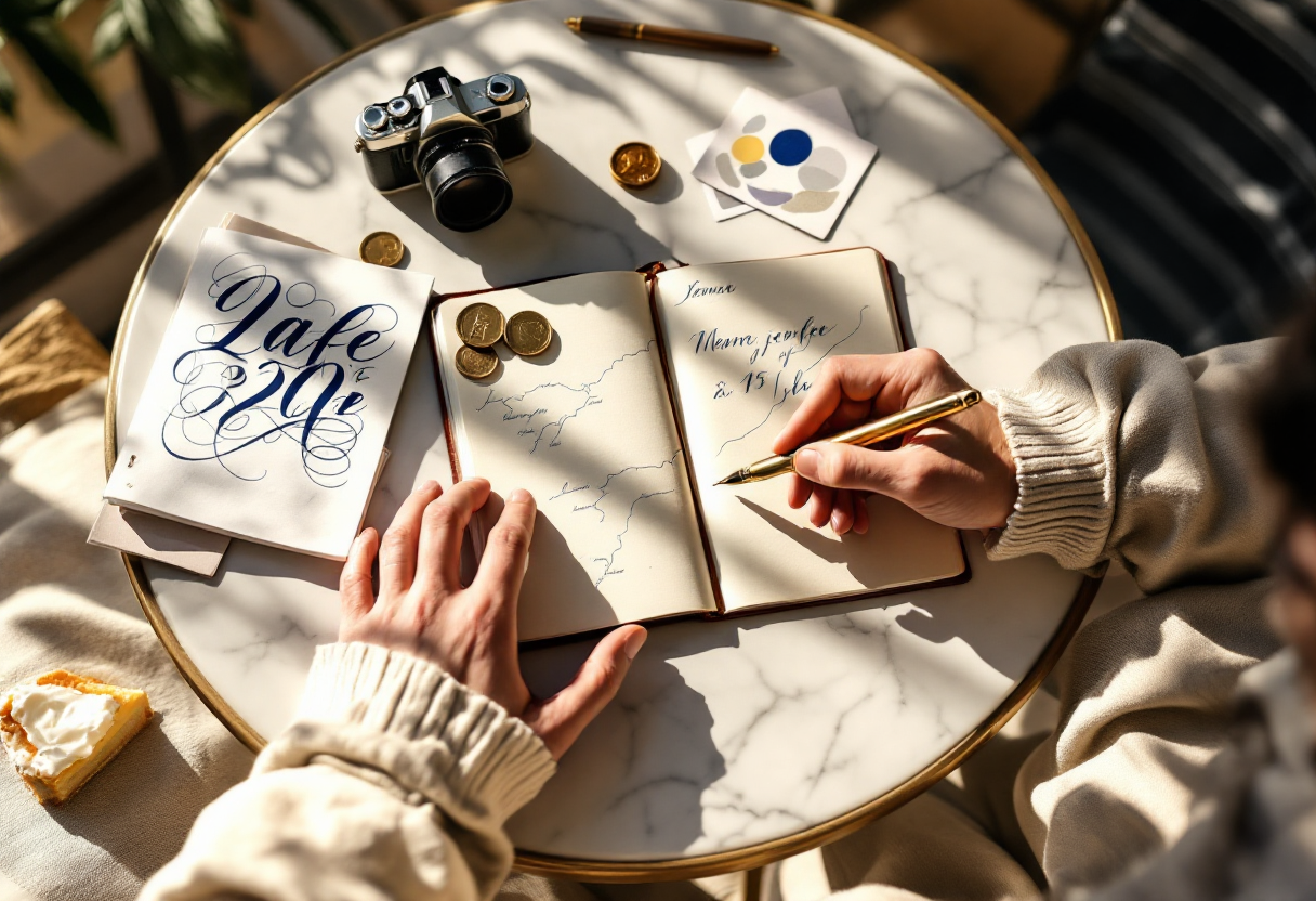 A guest's hands writing in a small leather travel journal at a sunlit café table after a tour — folded tour map, espresso cup and vintage camera on the marble tabletop