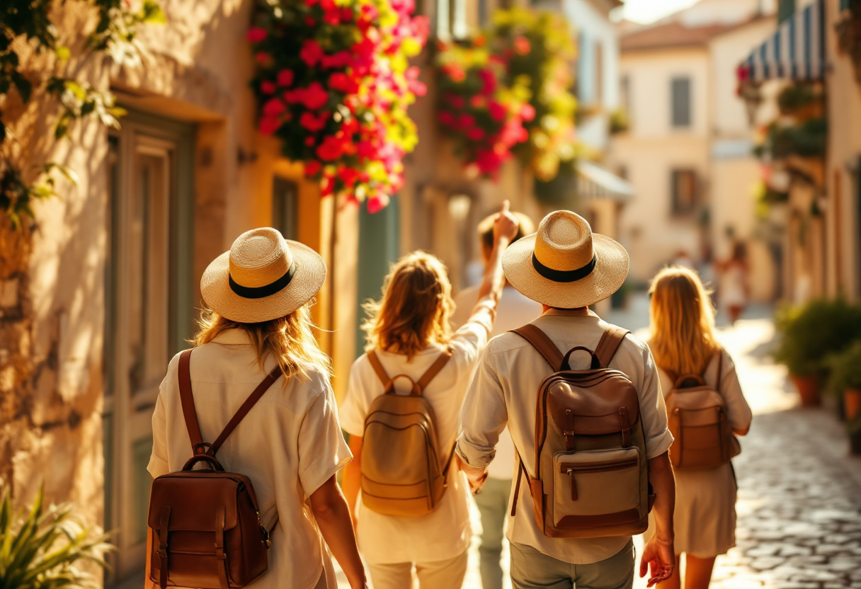 A small group of travellers following a guide through a sun-dappled cobblestone old-town street, viewed from behind — backs of heads, day bags and sun hats only
