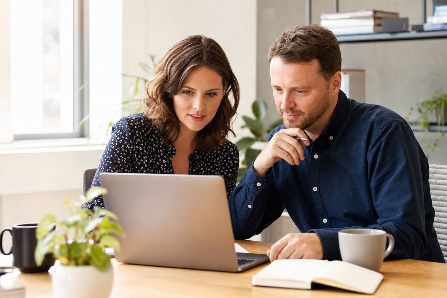 Two small-business colleagues comparing customer service software on a laptop together
