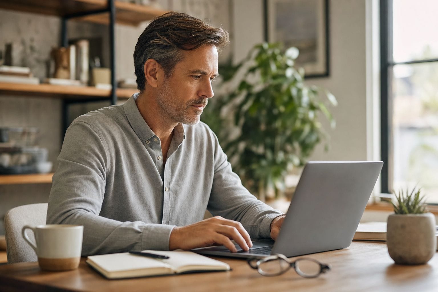 Small-business founder reviewing customer service software options at his desk