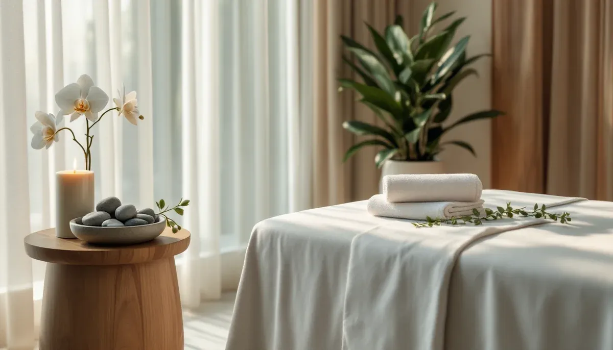 A calm, softly-lit spa treatment room styled and ready for a client