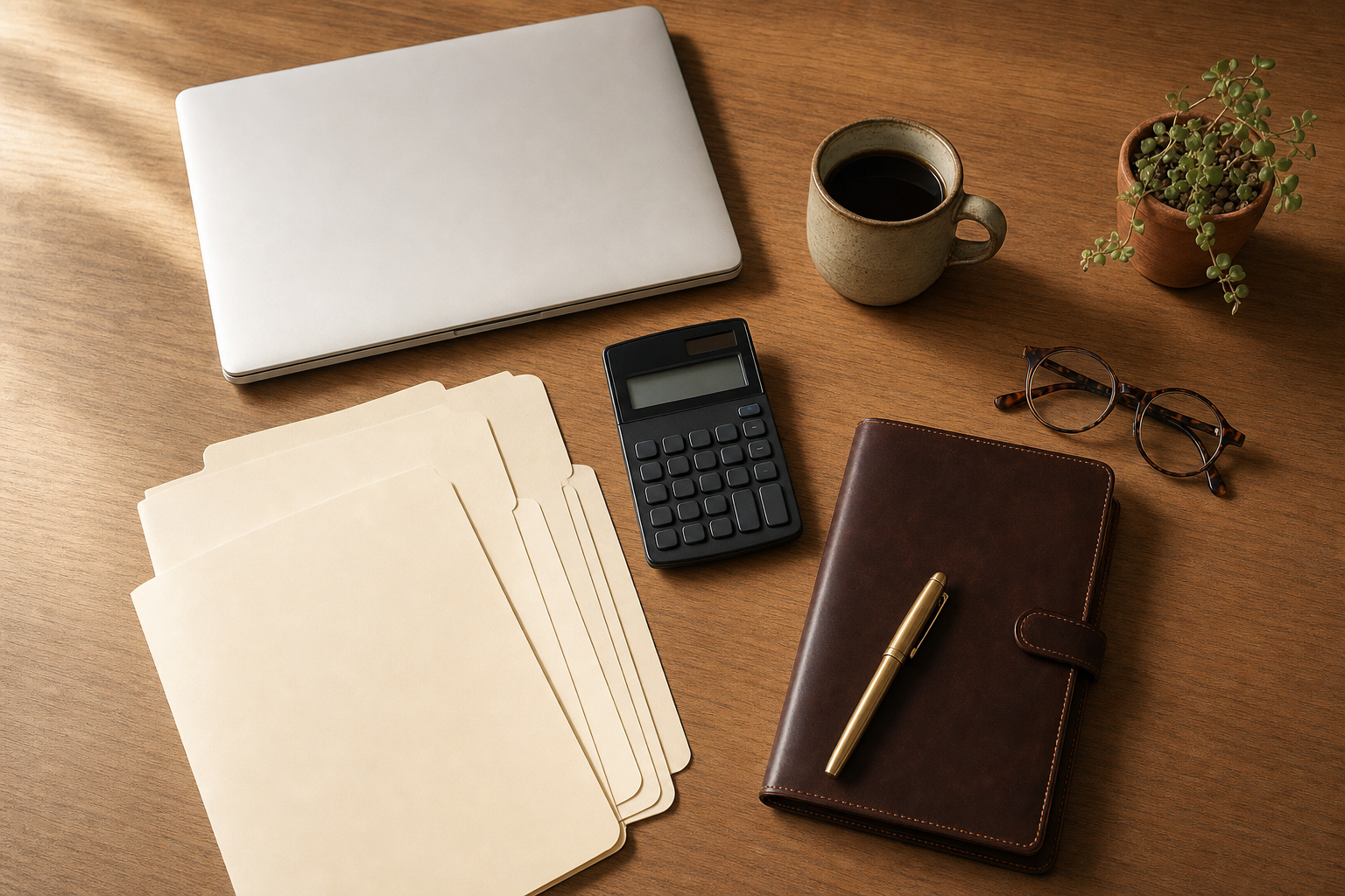 Tidy accountant's desk with folders, calculator, leather portfolio and laptop