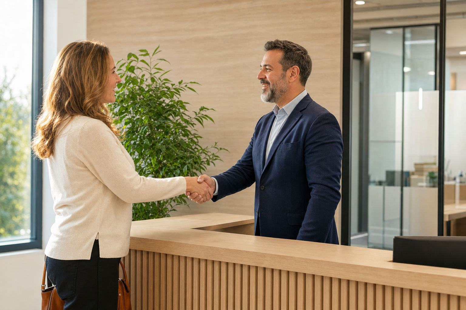Accountant warmly greeting a new client with a handshake at the office reception