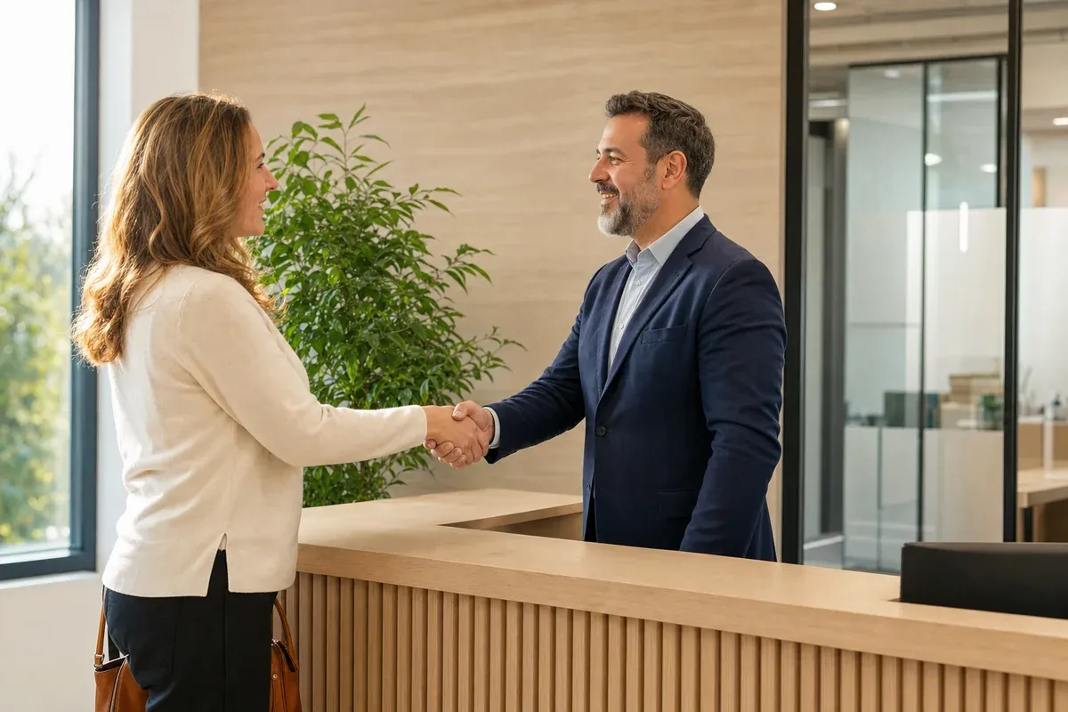 Accountant warmly greeting a new client with a handshake at the office reception